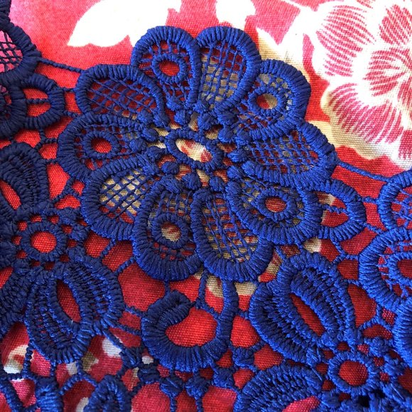 Vibrant Blue Crocheted Sleeves Tie Neck Blouse XS - Picture 11 of 15